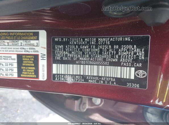 4T1BD1EB6GU055502 2016 TOYOTA AVALON HYBRID Red Շարժիչի բաժամունքի տեսք