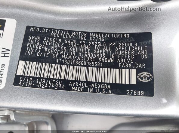 4T1BD1EB6GU055581 2016 TOYOTA AVALON HYBRID Silver ძრავის განყოფილების ხედი