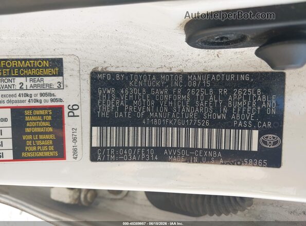 4T1BD1FK7GU177526 2016 TOYOTA CAMRY HYBRID White Вид підкапотного простору