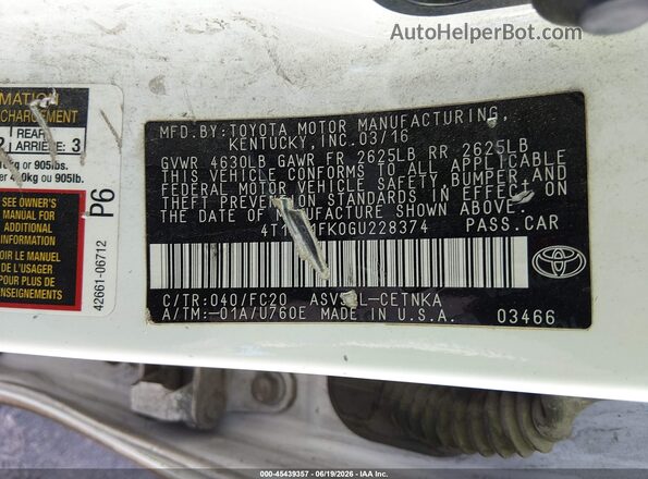 4T1BF1FK0GU228374 2016 TOYOTA CAMRY White 