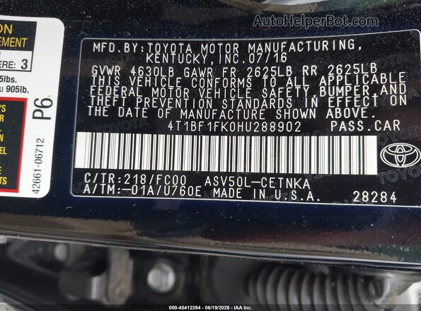 4T1BF1FK0HU288902 2017 TOYOTA CAMRY Black Engine compartment view