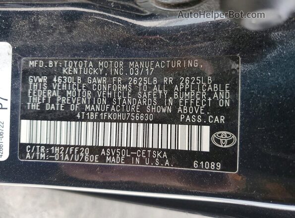 4T1BF1FK0HU756630 2017 TOYOTA CAMRY Blue Vista del compartimento del motor