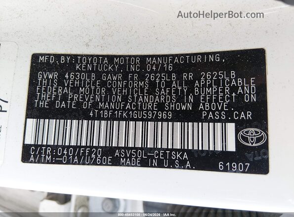 4T1BF1FK1GU597969 2016 TOYOTA CAMRY White ძრავის განყოფილების ხედი
