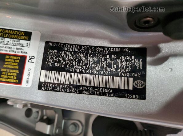 4T1BF1FK1HU276371 2017 TOYOTA CAMRY Серебряный Вид подкапотного пространства