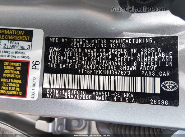 4T1BF1FK1HU367673 2017 TOYOTA CAMRY Gray Շարժիչի բաժամունքի տեսք