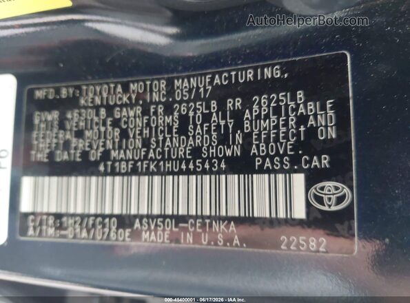 4T1BF1FK1HU445434 2017 TOYOTA CAMRY Black Vista del compartimento del motor