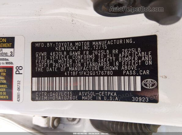 4T1BF1FK2GU176780 2016 TOYOTA CAMRY Белый 