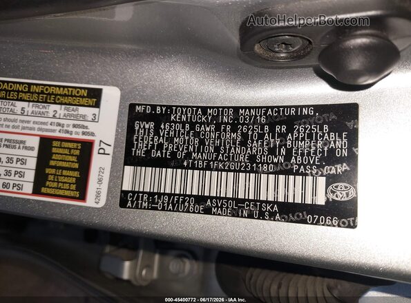 4T1BF1FK2GU231180 2016 TOYOTA CAMRY Silver 