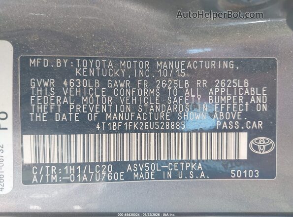 4T1BF1FK2GU528885 2016 TOYOTA CAMRY Gray Vista del compartimento del motor