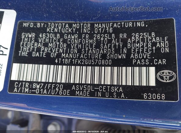 4T1BF1FK2GU570800 2016 TOYOTA CAMRY Blue Շարժիչի բաժամունքի տեսք