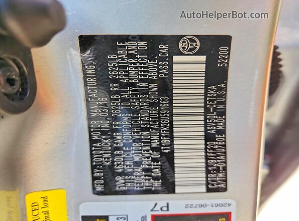 4T1BF1FK2GU591663 2016 TOYOTA CAMRY Серебряный Вид наклейки с VIN-кодом