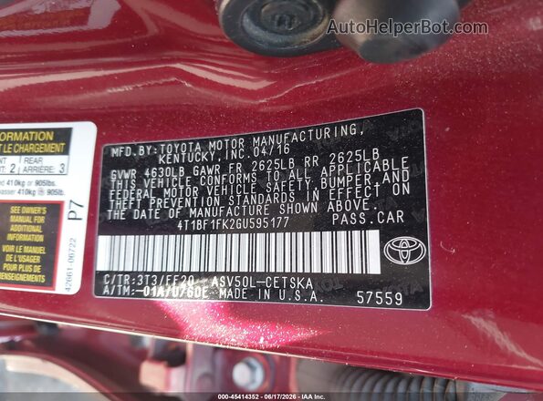 4T1BF1FK2GU595177 2016 TOYOTA CAMRY Red Widok komory silnika