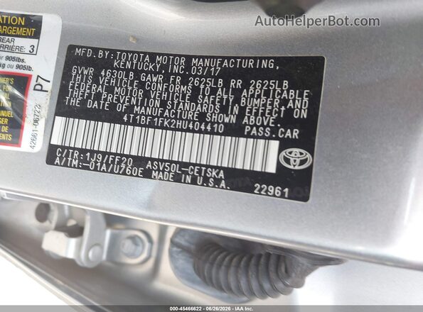4T1BF1FK2HU404410 2017 TOYOTA CAMRY Silver Vista del compartimento del motor