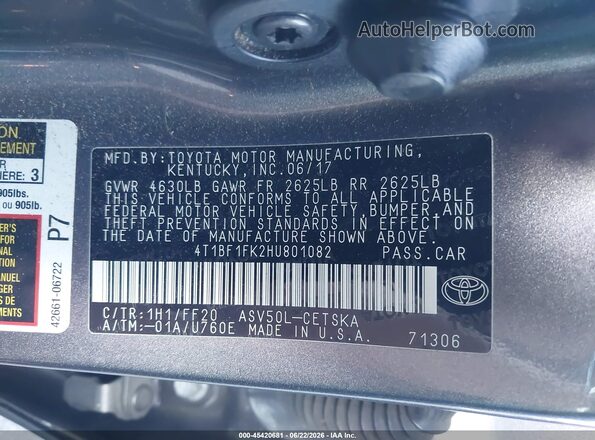 4T1BF1FK2HU801082 2017 TOYOTA CAMRY Gray Engine compartment view
