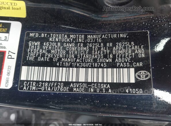 4T1BF1FK3GU218745 2016 TOYOTA CAMRY Black Շարժիչի բաժամունքի տեսք