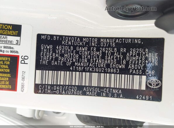 4T1BF1FK3GU219863 2016 TOYOTA CAMRY White Engine compartment view