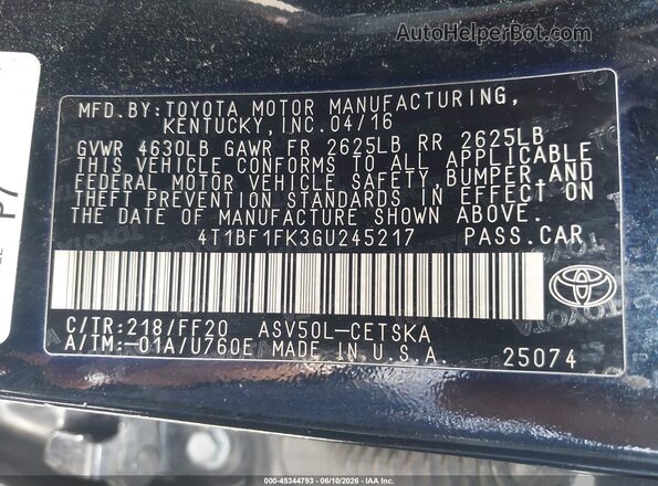 4T1BF1FK3GU245217 2016 TOYOTA CAMRY Black Vista del compartimento del motor