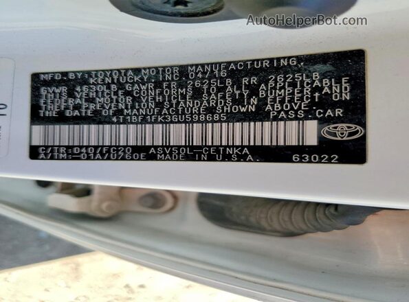 4T1BF1FK3GU598685 2016 TOYOTA CAMRY White 