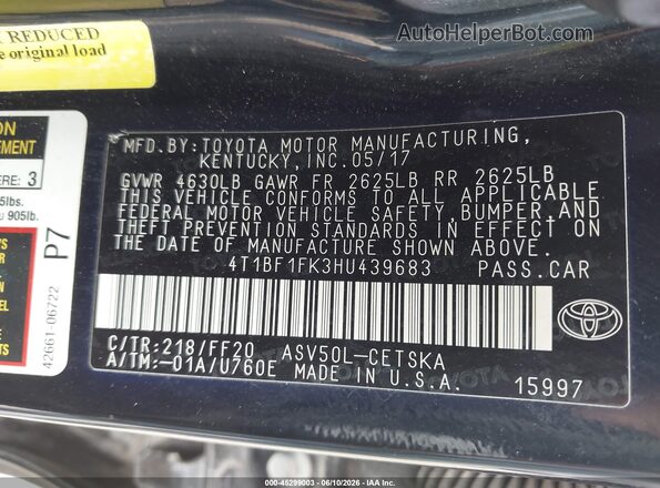 4T1BF1FK3HU439683 2017 TOYOTA CAMRY Black Շարժիչի բաժամունքի տեսք