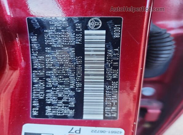 4T1BF1FK3HU641875 2017 TOYOTA CAMRY Бордовый Вид подкапотного пространства