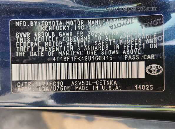 4T1BF1FK4GU166915 2016 TOYOTA CAMRY Blue Widok komory silnika