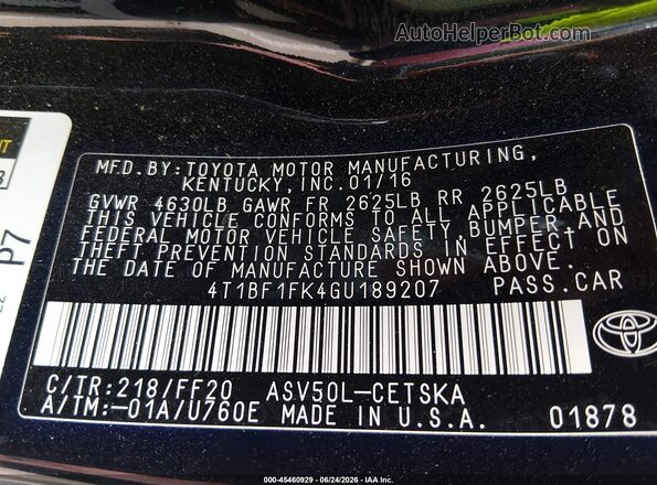 4T1BF1FK4GU189207 2016 TOYOTA CAMRY Black Vista del compartimento del motor