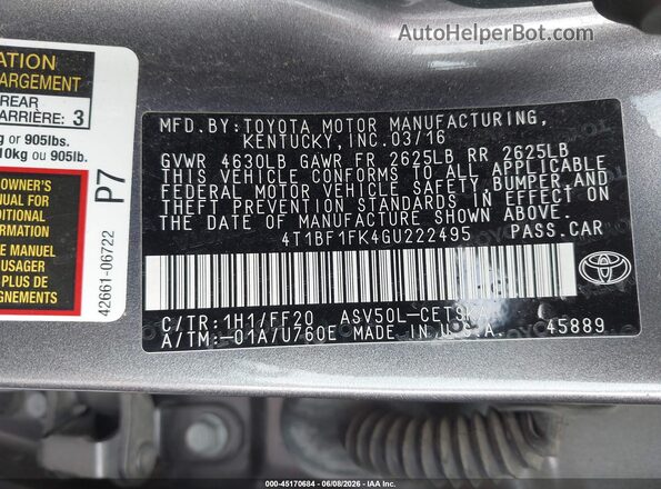 4T1BF1FK4GU222495 2016 TOYOTA CAMRY Gray Vista del compartimento del motor