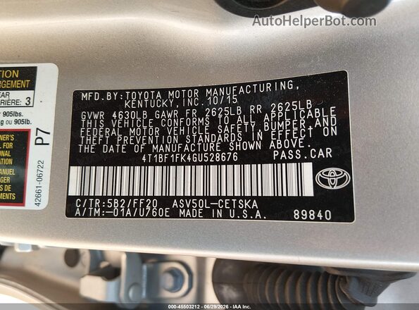 4T1BF1FK4GU528676 2016 TOYOTA CAMRY Silver ძრავის განყოფილების ხედი