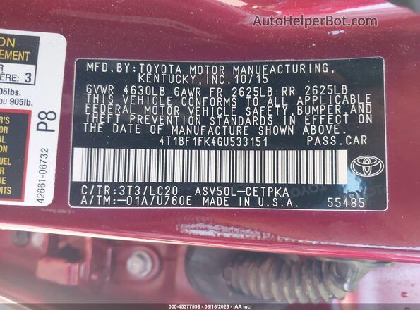 4T1BF1FK4GU533151 2016 TOYOTA CAMRY Red Vista del compartimento del motor