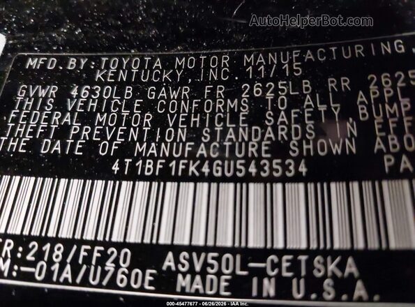 4T1BF1FK4GU543534 2016 TOYOTA CAMRY Black Вид підкапотного простору