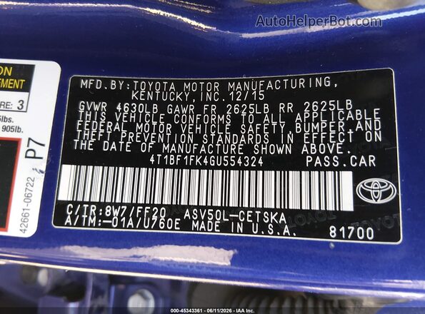 4T1BF1FK4GU554324 2016 TOYOTA CAMRY Blue Вид підкапотного простору