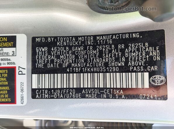 4T1BF1FK4HU351290 2017 TOYOTA CAMRY Серебряный Вид подкапотного пространства