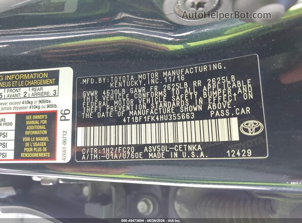 4T1BF1FK4HU355663 2017 TOYOTA CAMRY Black Engine compartment view