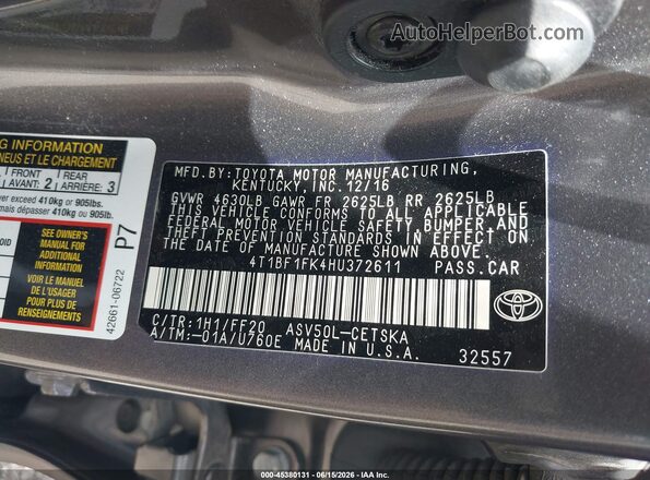 4T1BF1FK4HU372611 2017 TOYOTA CAMRY Gray Շարժիչի բաժամունքի տեսք