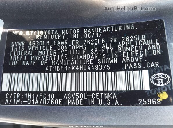 4T1BF1FK4HU448375 2017 TOYOTA CAMRY Gray Engine compartment view