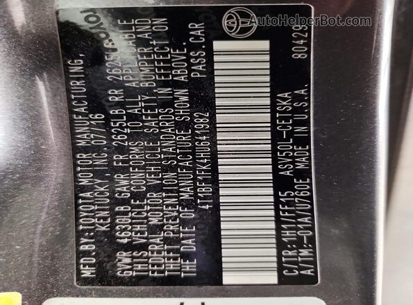 4T1BF1FK4HU641982 2017 TOYOTA CAMRY Gray Vista de la etiqueta del VIN