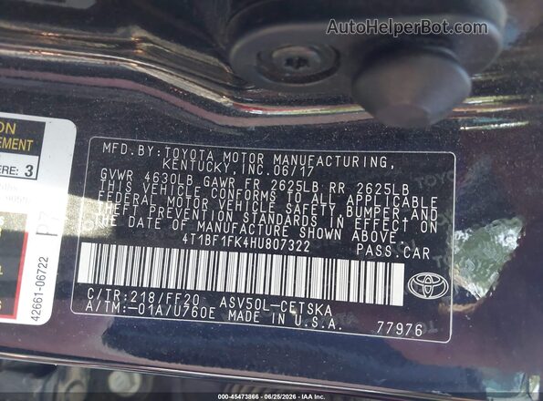 4T1BF1FK4HU807322 2017 TOYOTA CAMRY Черный Вид подкапотного пространства
