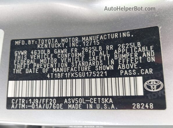 4T1BF1FK5GU175221 2016 TOYOTA CAMRY Silver Շարժիչի բաժամունքի տեսք
