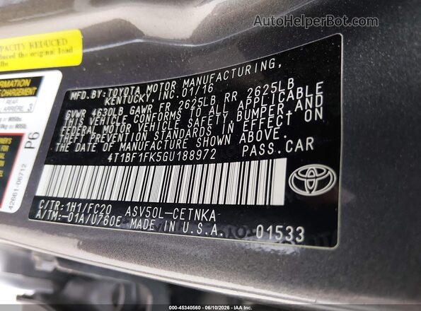 4T1BF1FK5GU188972 2016 TOYOTA CAMRY Gray Вид підкапотного простору
