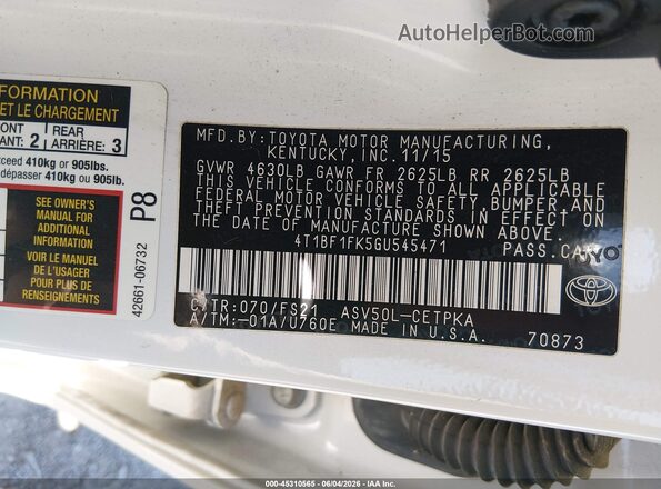4T1BF1FK5GU545471 2016 TOYOTA CAMRY White 