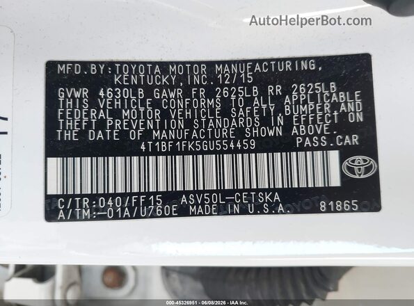4T1BF1FK5GU554459 2016 TOYOTA CAMRY White Вид підкапотного простору