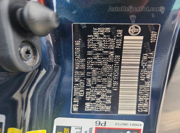 4T1BF1FK5HU314538 2017 TOYOTA CAMRY Gray Widok naklejki z numerem VIN