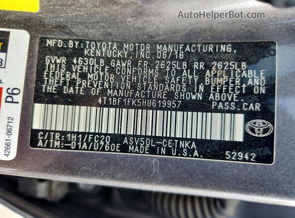 4T1BF1FK5HU619957 2017 TOYOTA CAMRY Серый 