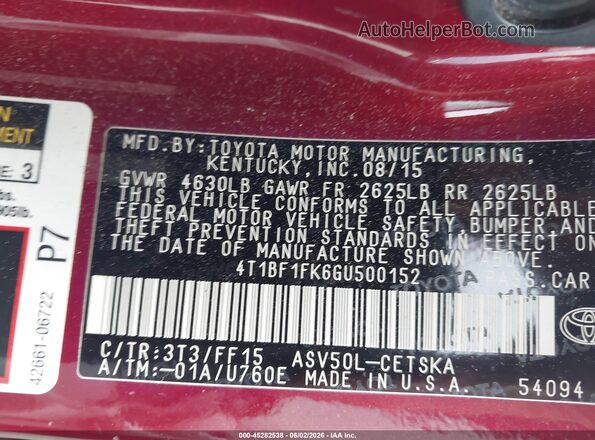 4T1BF1FK6GU500152 2016 TOYOTA CAMRY Бордовый Вид подкапотного пространства