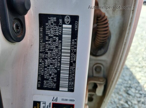 4T1BF1FK7GU166679 2016 TOYOTA CAMRY White Vista de la etiqueta del VIN
