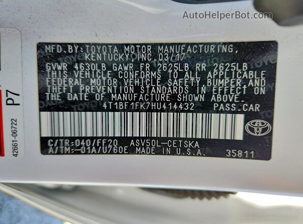 4T1BF1FK7HU414432 2017 TOYOTA CAMRY White VIN sticker view