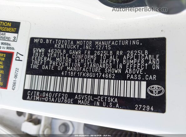4T1BF1FK8GU174662 2016 TOYOTA CAMRY White Вид підкапотного простору