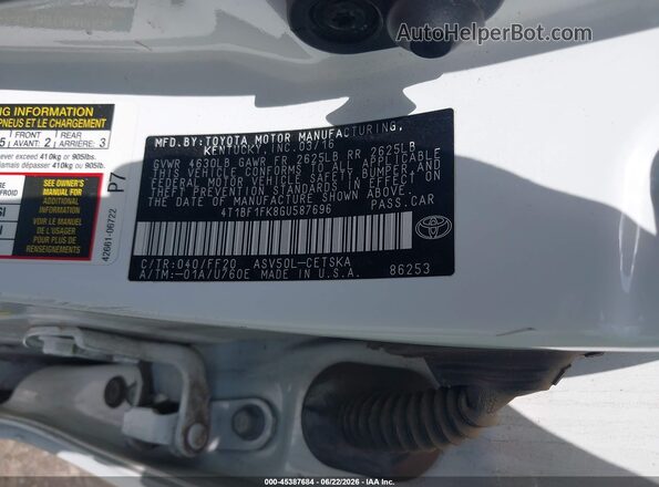4T1BF1FK8GU587696 2016 TOYOTA CAMRY White Вид підкапотного простору