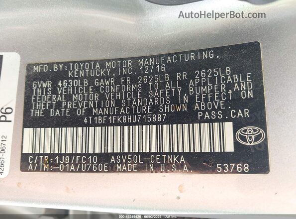 4T1BF1FK8HU715887 2017 TOYOTA CAMRY Silver Engine compartment view