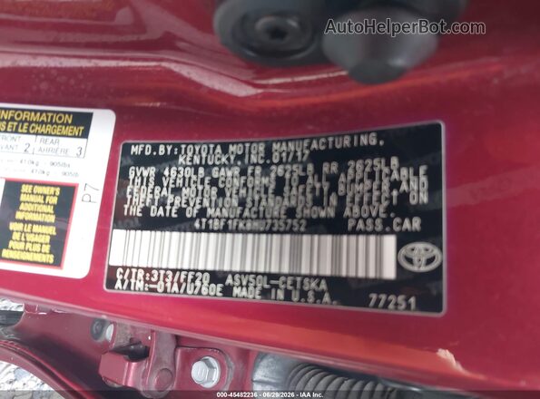 4T1BF1FK8HU735752 2017 TOYOTA CAMRY Burgundy Շարժիչի բաժամունքի տեսք